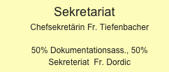 Sekretariat
Chefsekretärin Fr. Tiefenbacher

50% Dokumentationsass., 50% Sekreteriat  Fr. Dordic
